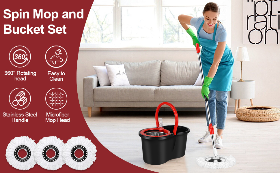 360 rotating mop and bucket set with squeeze dryer   3 microfiber heads adjustable stainless steel handle   bedroom bathroom   room no electricity needed details 0