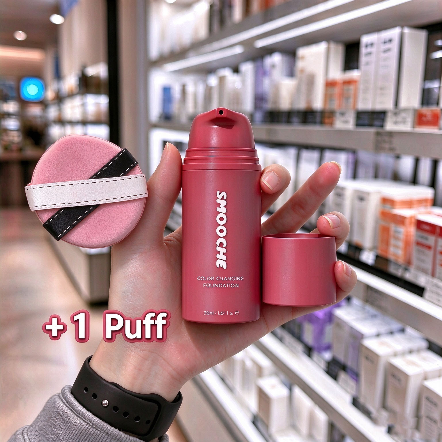 TEMU Smooche Color-changing Foundation+powder Puff - Women's Skin Tone Adaptive Foundation, Automatically Adjusts For Look, Conceals Blemishes And ,