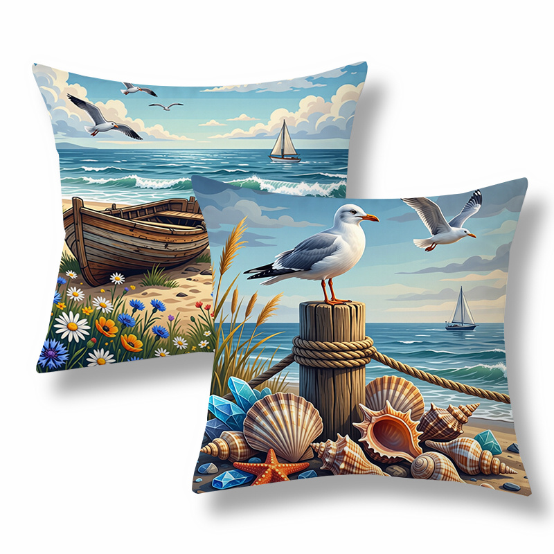 TEMU 2pcs Nautical Style Throw Pillow Covers, Decorative Cushion Cases, Beach And Seagull With Boat And Shells, Blue - . Versatile For Living Room,