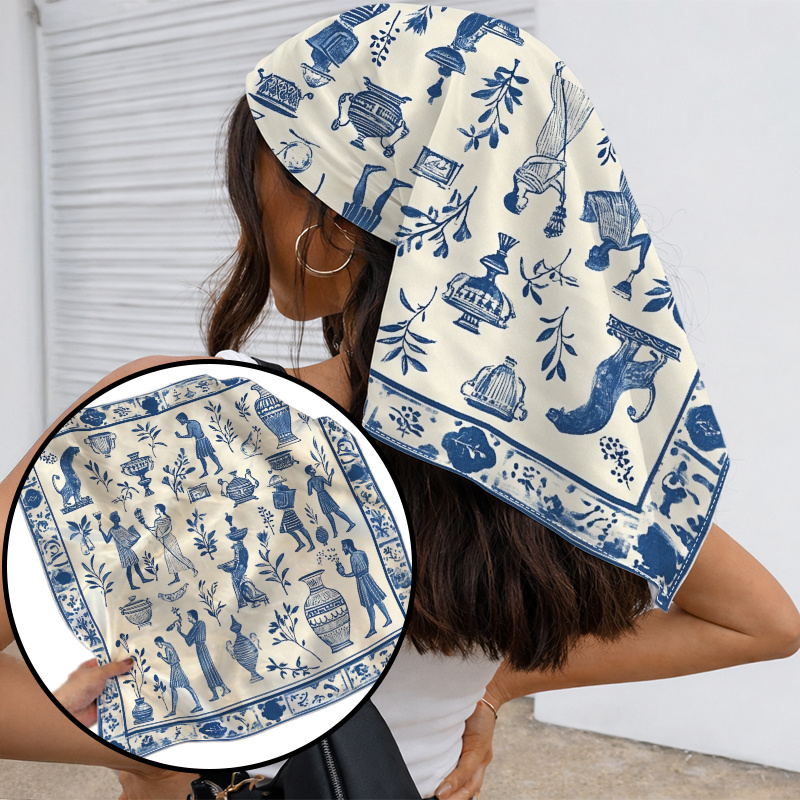 TEMU 1pc Greek Mediterranean Vintage Headscarf For Women - Large Square Suitable For Travel, Versatile Neck Wrap & Hair Cover, Machine Washable