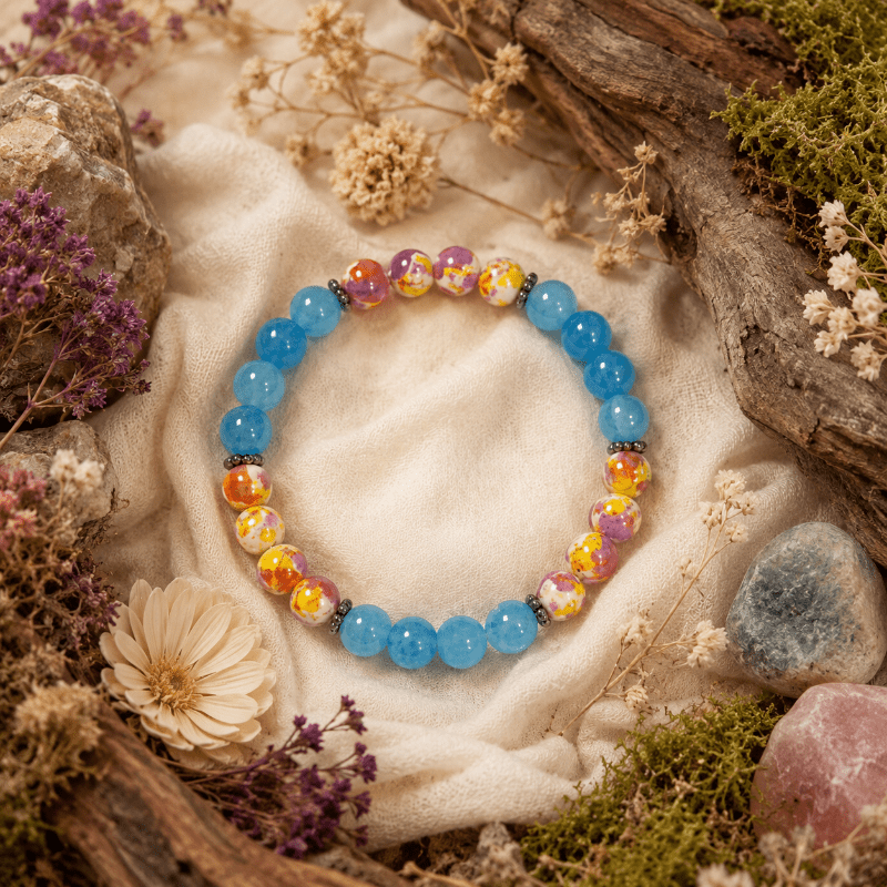 Translucent Blue Beads Elastic Bracelet with Retro Design
