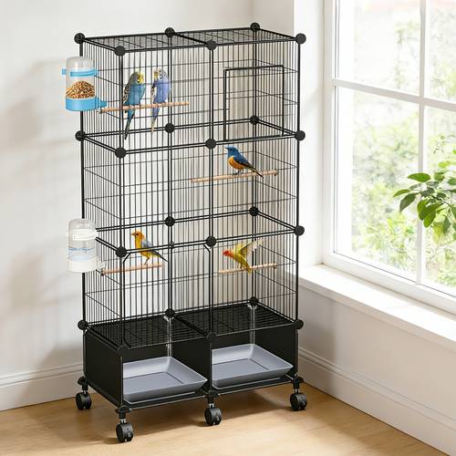 46-Inch Bird Cage Indoor Pet Bird House with 4 Wooden Perches, 2 Slide-Out Trays, Bottles And Feeder Lockable Wheels for Parrot, Parakeet, Cockatiel, Lovebird, Small to Medium-Sized Birds