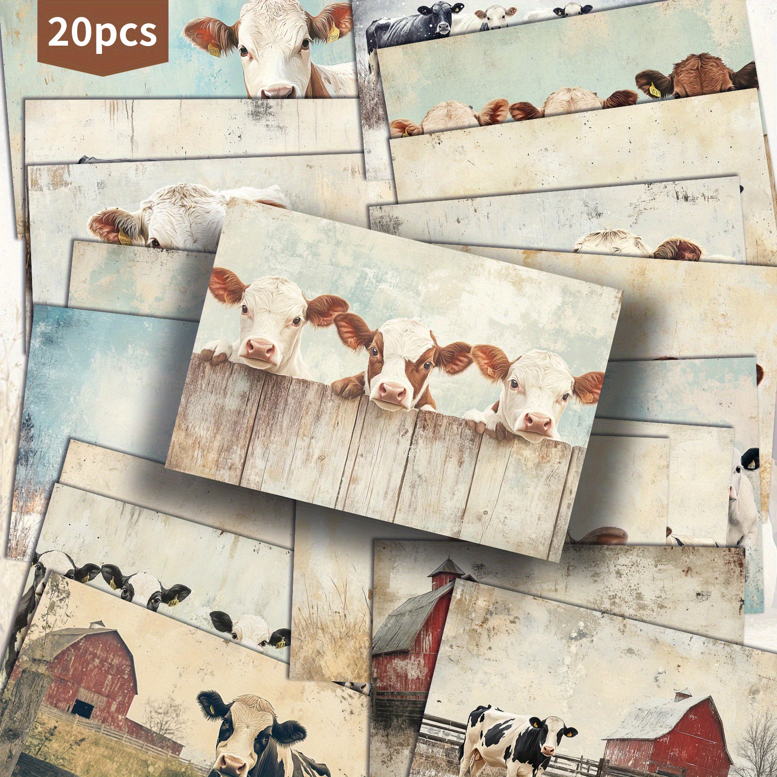 Image of 20 Pack Vintage Autumn Farm Cow Paper Postcards - 4x6 Inches Vintage Junk Journal Paper, Classic Pinup Illustrations, Collectible Decorative Painting Cards For Scrapbooking & Crafting