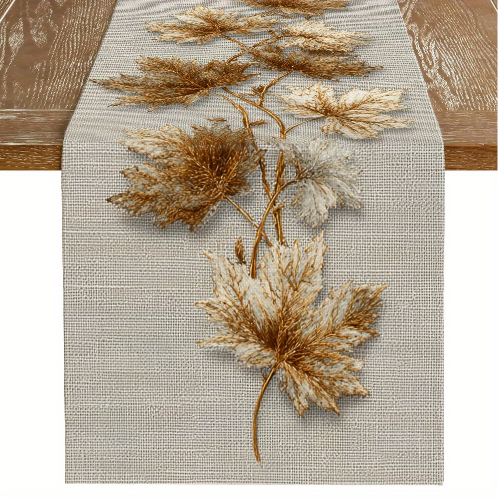 TEMU 1pc Maple Leaf Branch Plain Table Runner, Autumn Plant Universal Table Runner For , Natural Minimalist Style, 2d Printed Linen Tablecloth Table