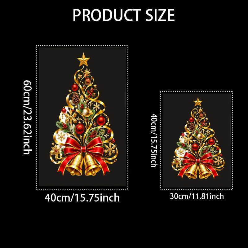 TEMU 2D Plat, 1 stuk 2D Plat , Kerst Elektrostatische Raamsticker, Raamsticker, Glassticker, Raamapplicatie met Gouden Lint, Kerstboom- en