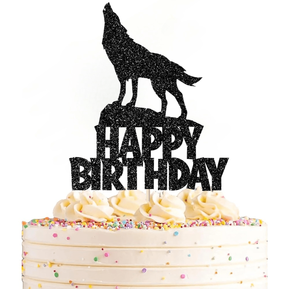 Image of 1pc Black Glitter Wolf Cake Topper Wolf Pack Decor For Wilderness Adventure Party Non-electrical Cake Decoration For Birthdays Corporate Events