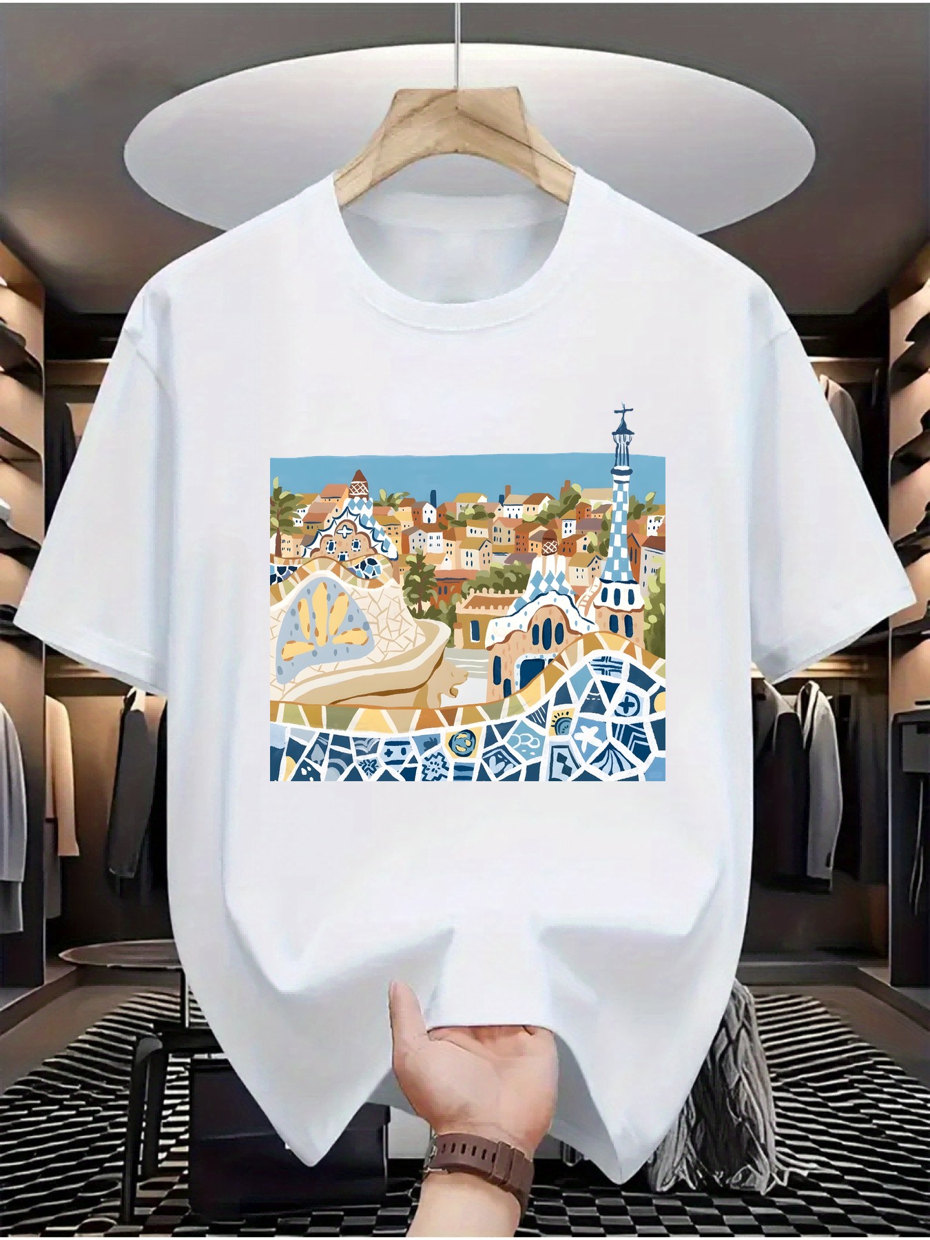 Camiseta de manga corta con estampado arquitectónico artístico vintage, prenda superior de moda casual para uso diario