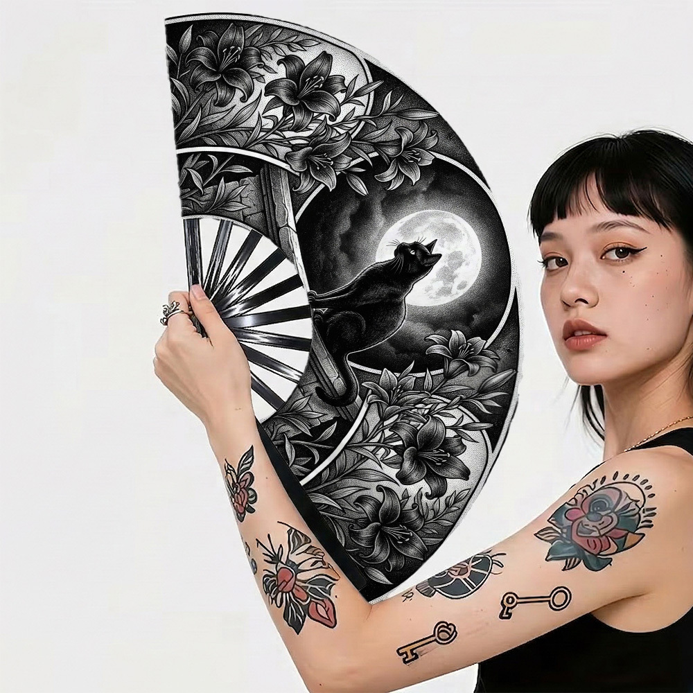 TEMU 1pc Gothic Monochrome Folding Fan Black Cat & Printing Suitable For Indoor Wall Decoration, Parties, Anniversaries, Weddings, As Well As A Prop