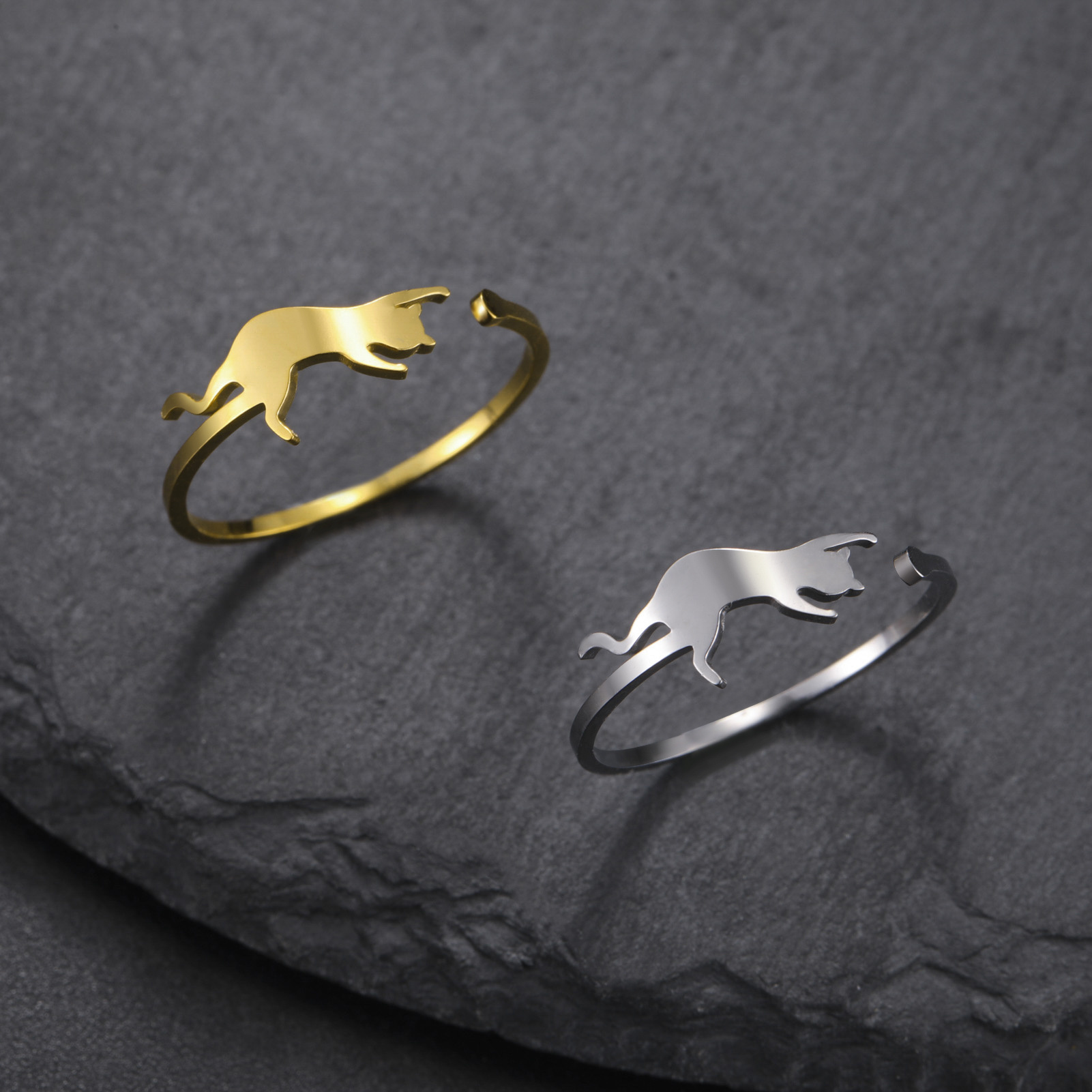 Cat Design Adjustable Stainless Steel Ring, Casual Style