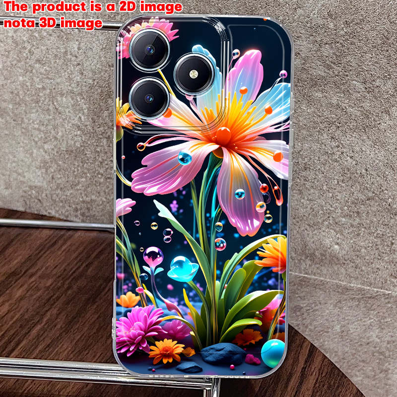 몽환적인 꽃 수滴 2d 평면 프린팅 패턴 휴대폰 케이스, realme 9, 10 pro, 11, 12, 13 pro+, c11, c21, c25y, c30s, c33, c35, c51, c53, c55, c61, c63, c65, c67, note 50, 60, narzo 20, 30a, 50i, 50 , 70 pro, 70x용. 만화 투명 낙하 방지 풀커버 tpu 휴대폰 커버, 심플하고 스타일리시한 충격 방지 소프트 보호 케이스. 자신이나 친구를 위한 창의적인 선물.