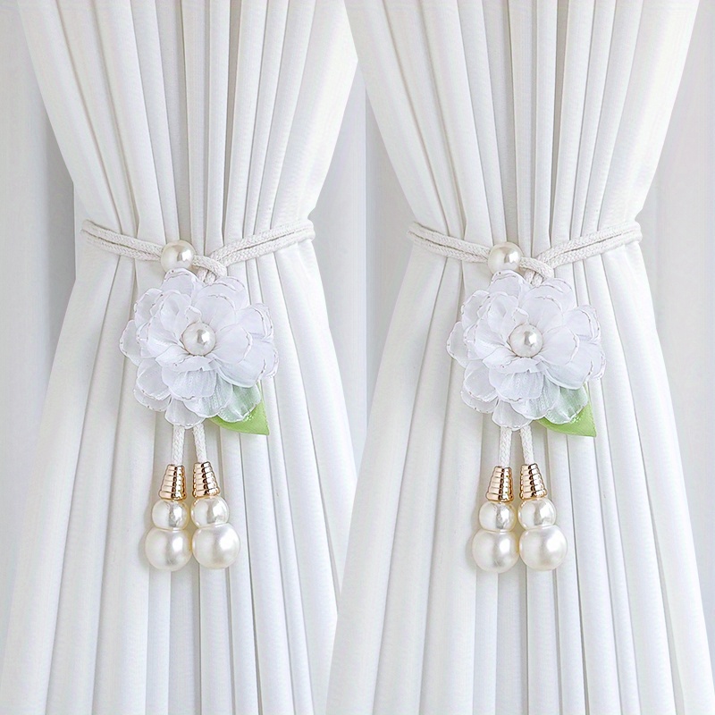 TEMU 2 pièces Attaches de Rideaux Bohème à Fleurs de Perles, Design Floral Artificiel Ajustable Perçage, Accessoires de Rangement pour Salon,