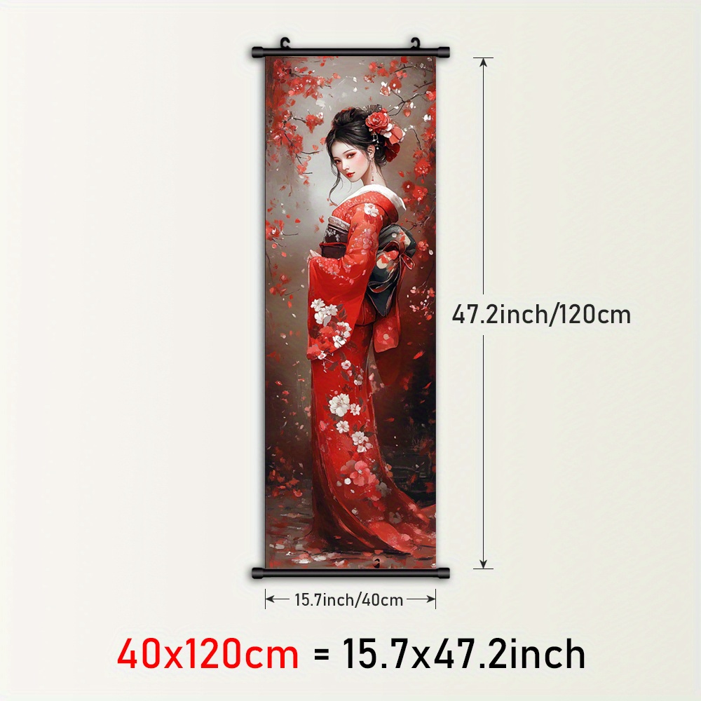 TEMU 1pc Framed Japanese Wall Art - Cherry Blossoms & Kimono Scroll Painting, Red Floral Canvas Poster With Plastic Frame, Traditional Asian Style