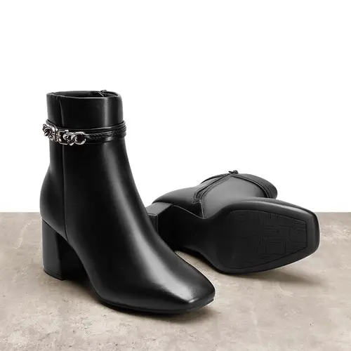 chic black ankle booties for women side zipper chunky heel square toe fashion shoes dresses skirts jeans coats
