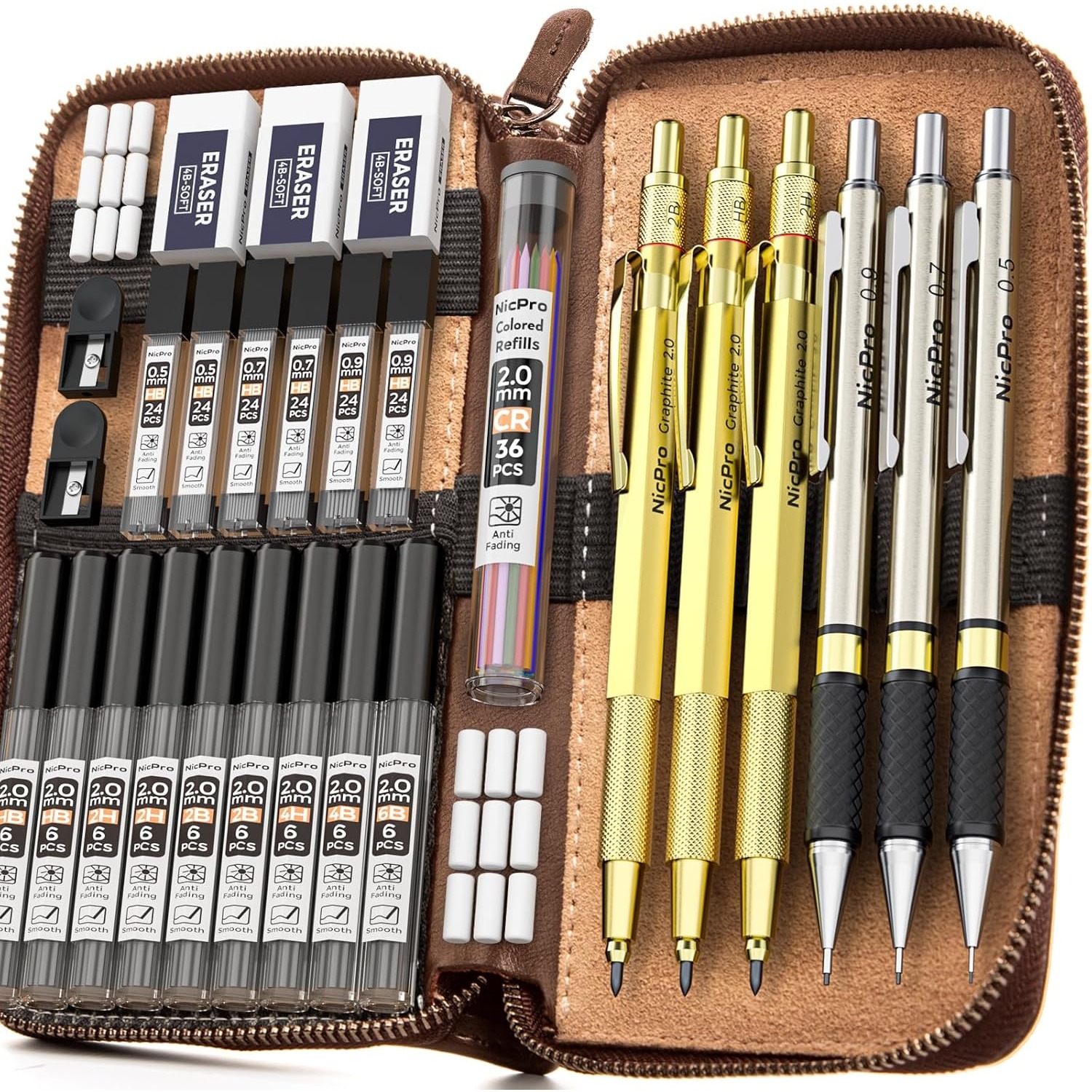 TEMU Ensemble de crayons mécaniques Art dans un étui en cuir, 3 porte- de 2 mm, crayon à frein 0,5 mm, 0,7 mm et 0, avec 16 tubes (6B 4B 2B HB 2H 4H
