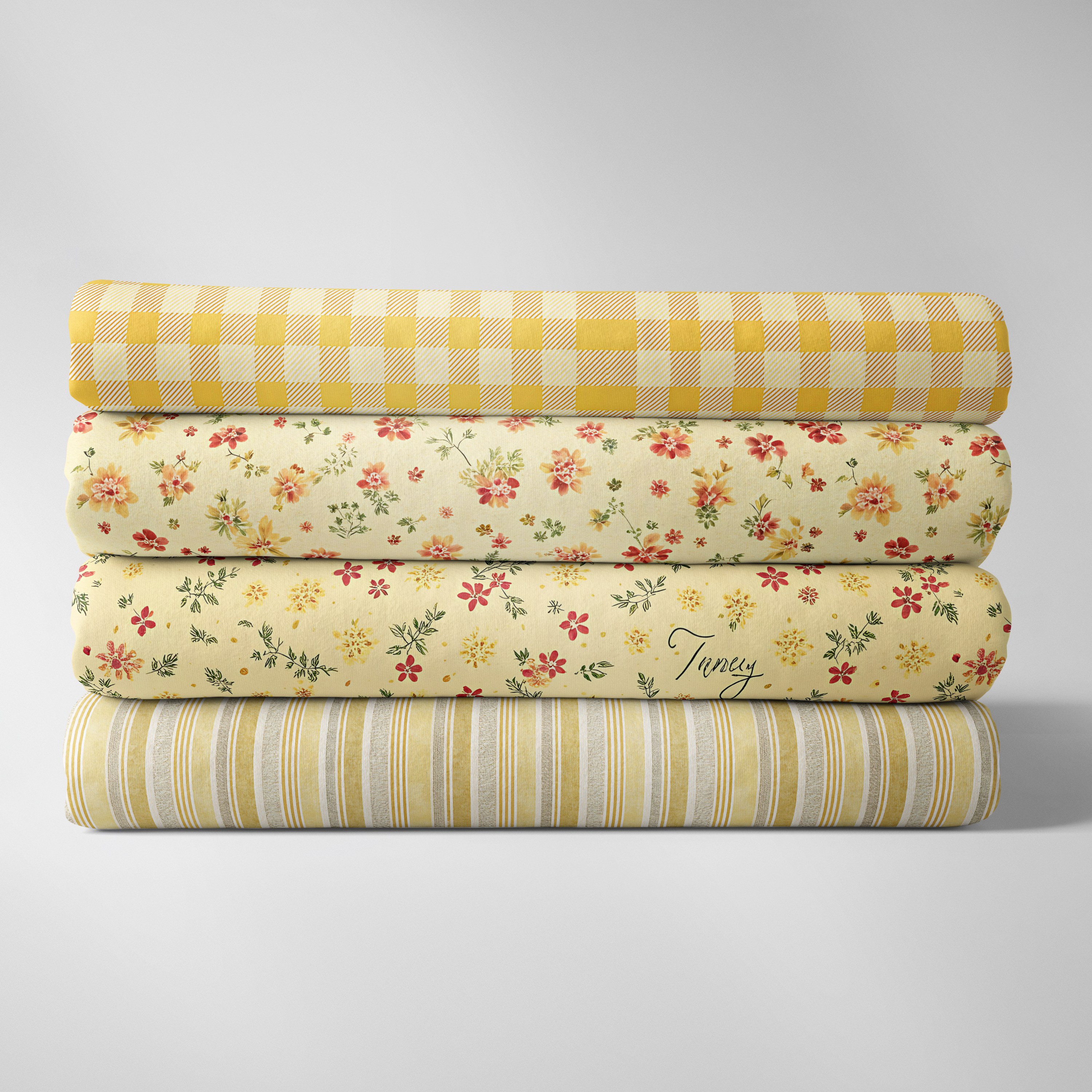 TEMU Lot de 4 Fat Quarter de tissu, imprimé floral jaune et vichy, 18"x22", tissu prédécoupé, doux et facile à coudre pour couture DIY, courtepointe,