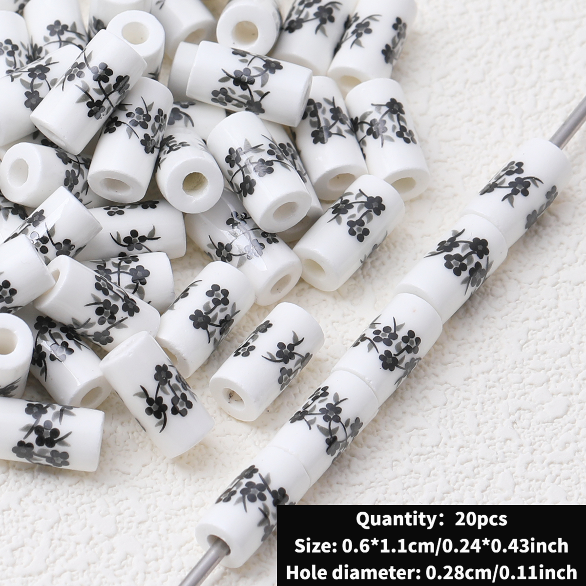 Cute Ceramic Decal Cylindrical Beads, 20pcs Set for DIY