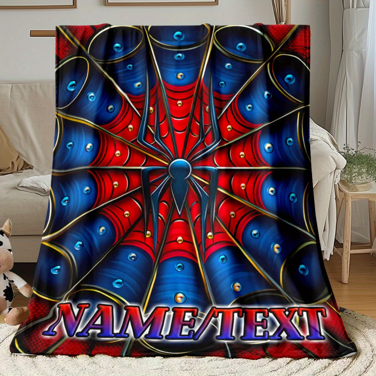 TEMU 1 Couverture en Flanelle Personnalisée avec Toile d'Araignée et Nom - Impression HD Personnalisée, Légère, Douce et Chaude, Idéale pour Canapé,
