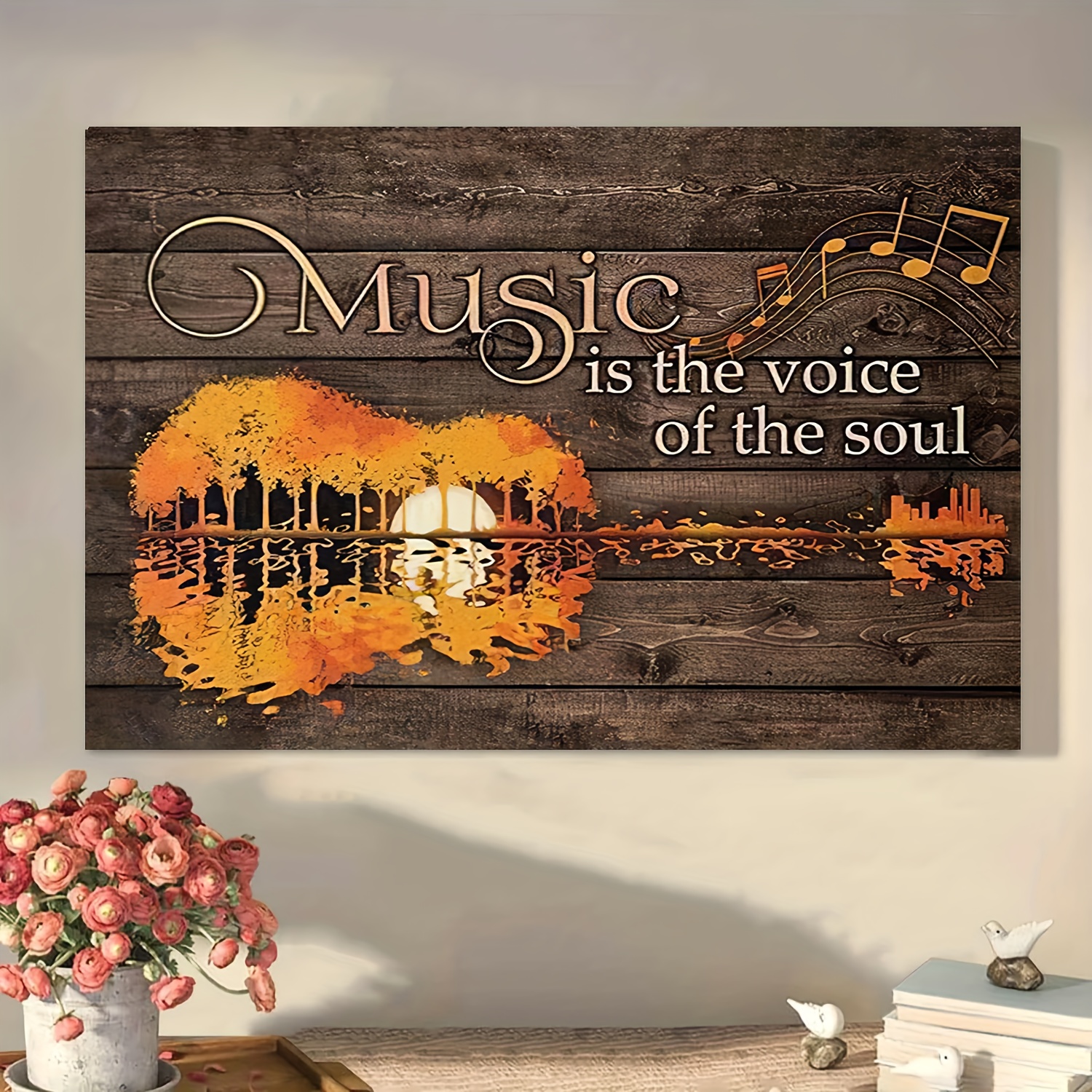 TEMU Plat 2D, 1 pièce, Cadre mural sur le thème de la musique avec cadre en bois - Guitare doré avec notes de musique et fond de partition, Cadre en