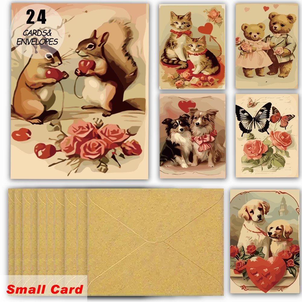 

Set Of 24 Vintage Animal-themed Valentine's Day Cards, Ideal For Expressing Love, Celebrating Anniversaries, And Messages , , Or .