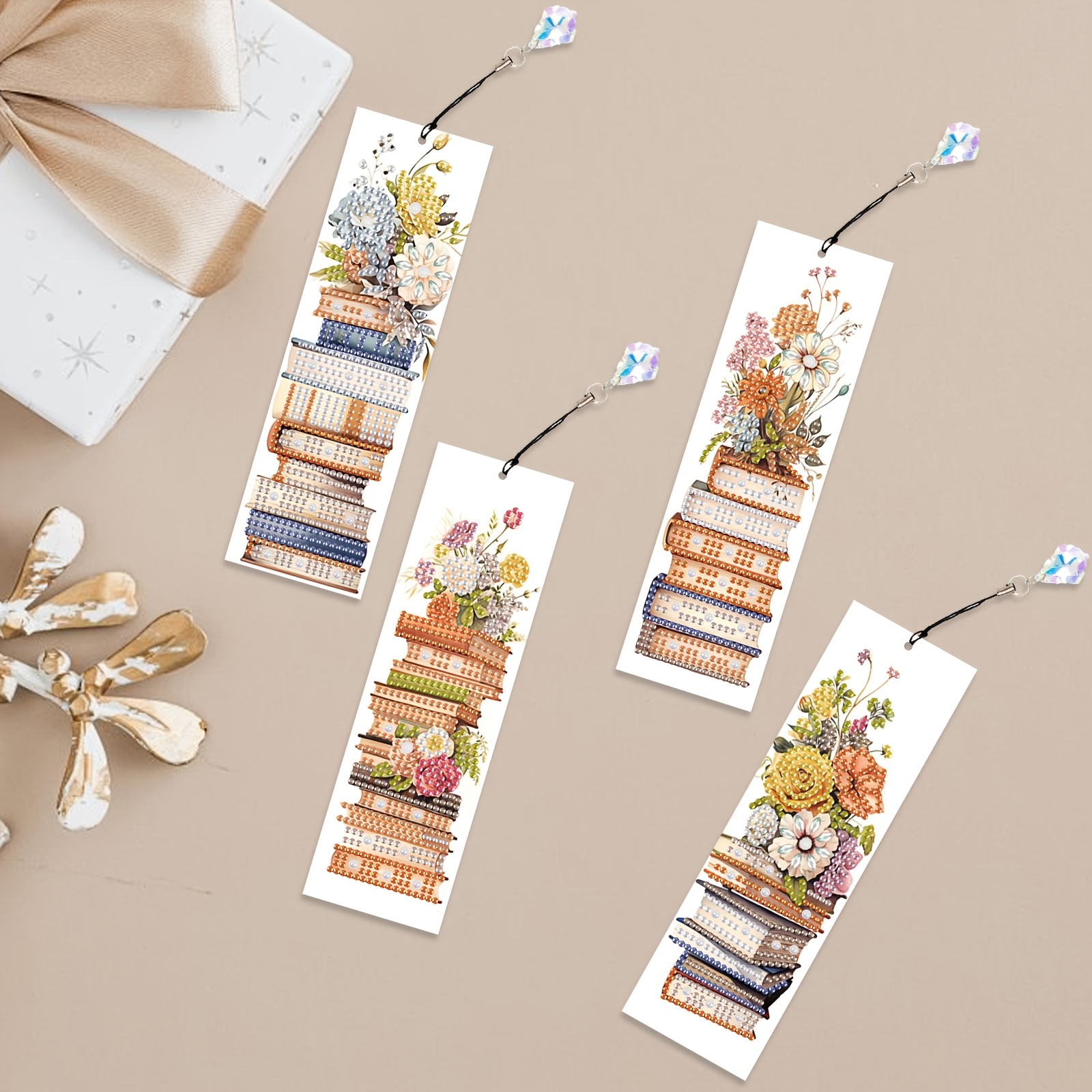 TEMU 4pcs Floral Diamond Painting Bookmark Kit Suitable For Book Lovers, Diy Craft With Irregular-shaped Pet Bookmarks, -themed Bookmarks For