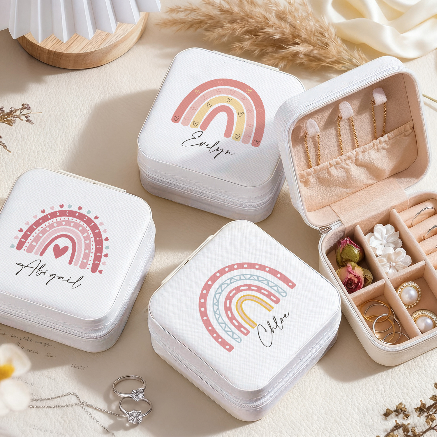 Personalized Name White Jewelry Organizer Box with Rainbow Design