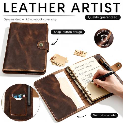 item picture handmade a5 full grain cowhide genuine leather diary cover refillable notebook protector with pocket card slot and pen holder handcrafted a5 full grain genuine leather notebook protector suitable for travelers and writers