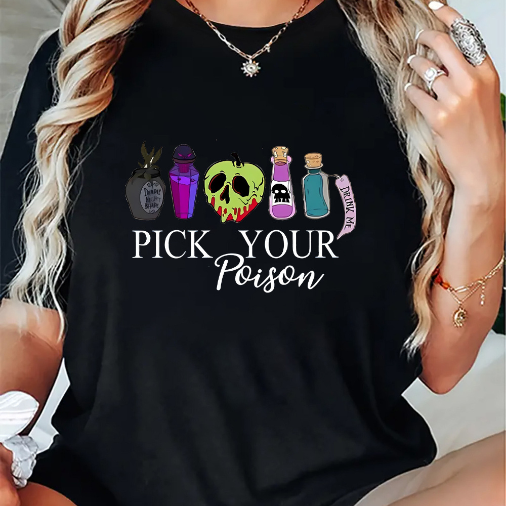 

Halloween-inspired 'pick Your ' Graphic T-shirt For Women - Casual Crew Neck Short Sleeve Tee With Polyester And Spandex , Medium Stretch Fabric - Seasonal Fashion Top