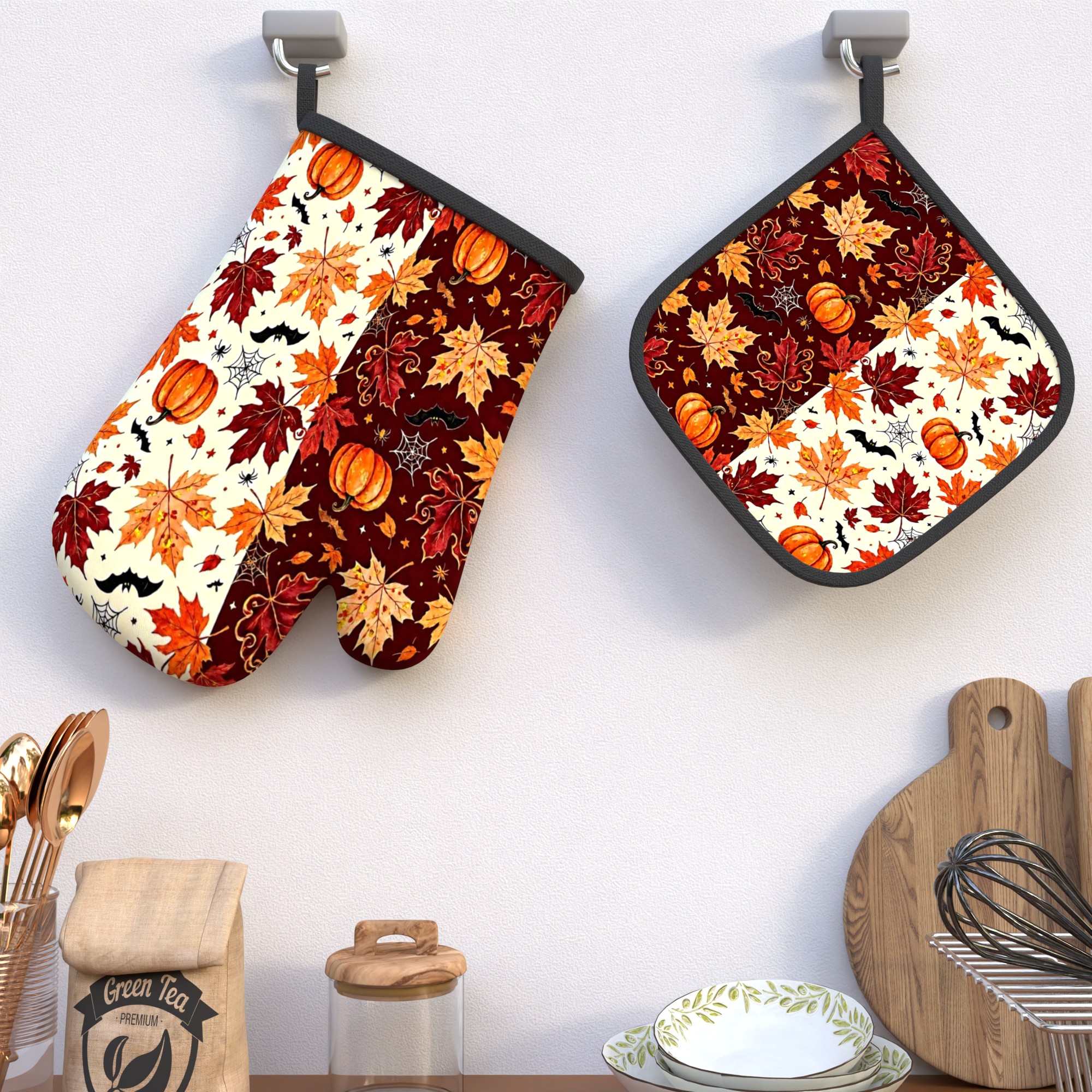 TEMU Set guanti da e tappetini resistenti al calore da 10,,7 pollici, guanti da da cucina con foglie d'acero e zucche autunnali, ideali per cucinare,