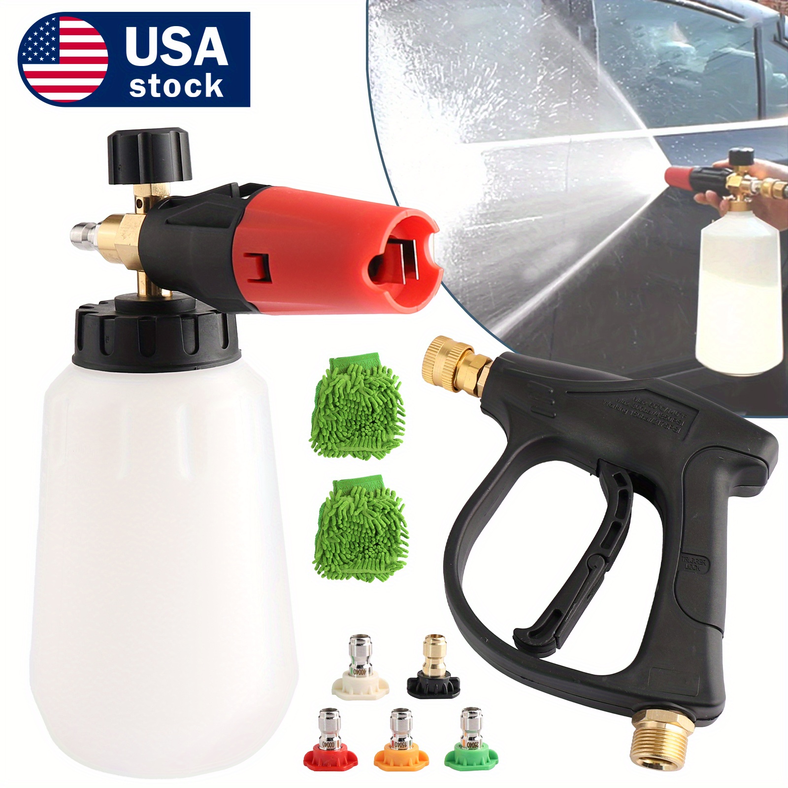 TEMU Snow Foam Car Wash Spray Kit With Soap Dispenser & 2pcs Cleaning Gloves, 5pcs Spray Nozzles Tips - 0°, 15°, 25°, 40°, 60°- Bottle For Vehicle Maintenance