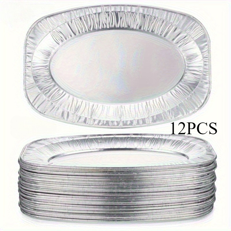 Image of (12pcs) Disposable Aluminum Foil Tray - Heavy-duty Oval Tableware, Suitable For Banquets, Weddings, Barbecues, And Parties - Stable And Practical Food Storage Container