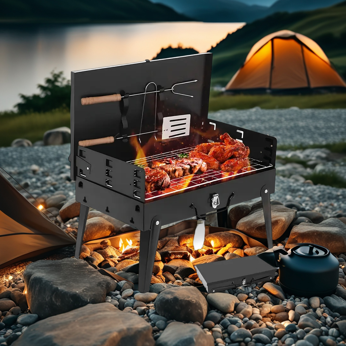 Portable Charcoal Grill, Adjustable Height Foldable Barbecue Grill, Durable And Compact, Easy to Clean, Perfect for Camping, Tailgating, And Outdoor Cooking