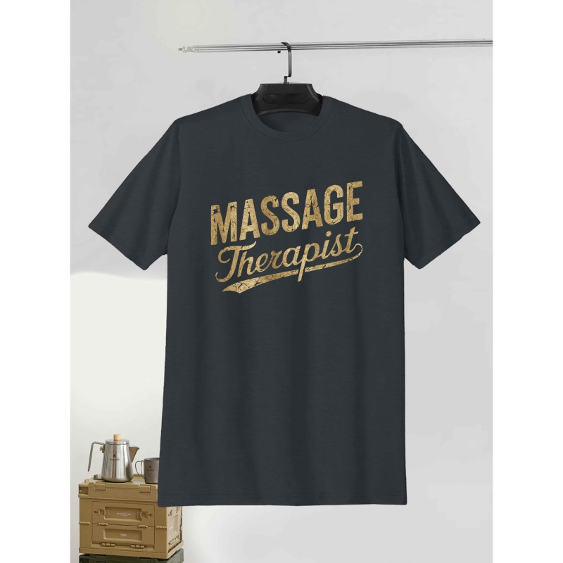 

Massage Therapist Vintage Print T-shirt, 100% Polyester Crew Neck Casual Tee, Geometric Pattern Knit Fabric, Regular Fit For Adults - Summer Short Sleeve Shirt