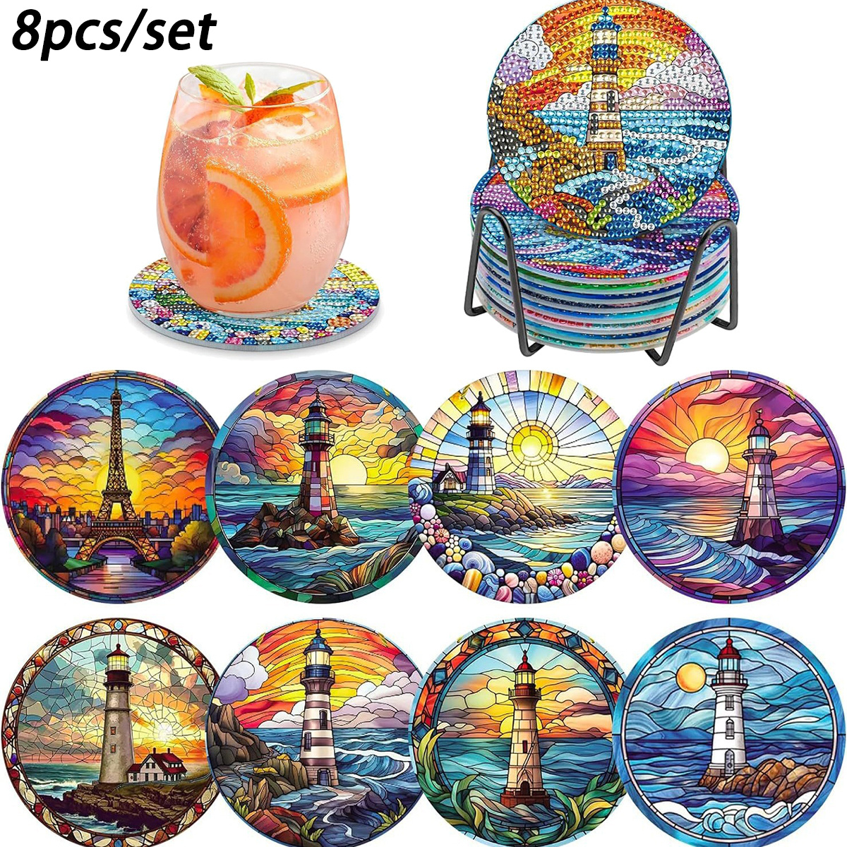 

8 Diy Diamond Tower Landscape Pattern Coasters - 5d Painting Coaster Set, Non-slip Coaster With Stand For Desktop Protection, Home Decoration Gift