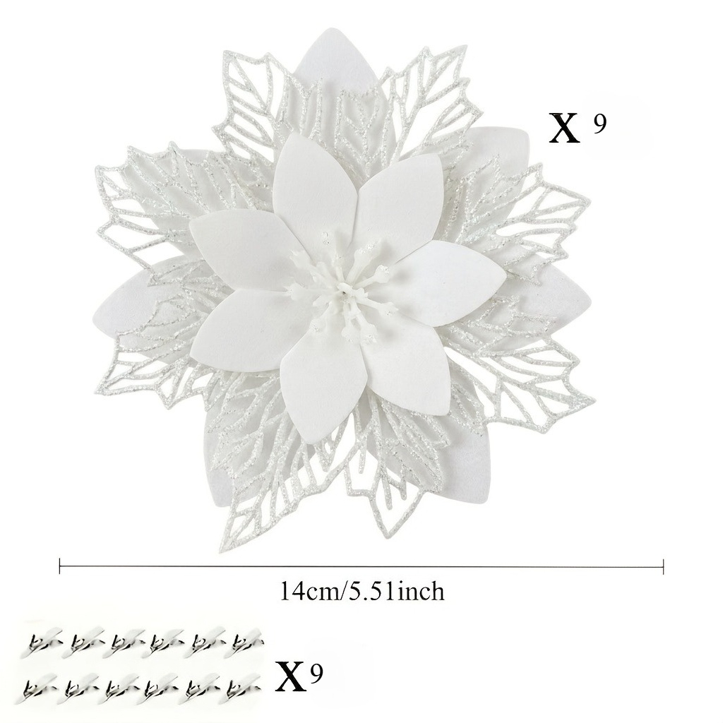 TEMU 18pcs Set Of Sparkling Christmas Flower Decorations, 9pcs Flowers And 9pcs Flower Clips - Reusable, Feather-free, Plastic Artificial Flowers,