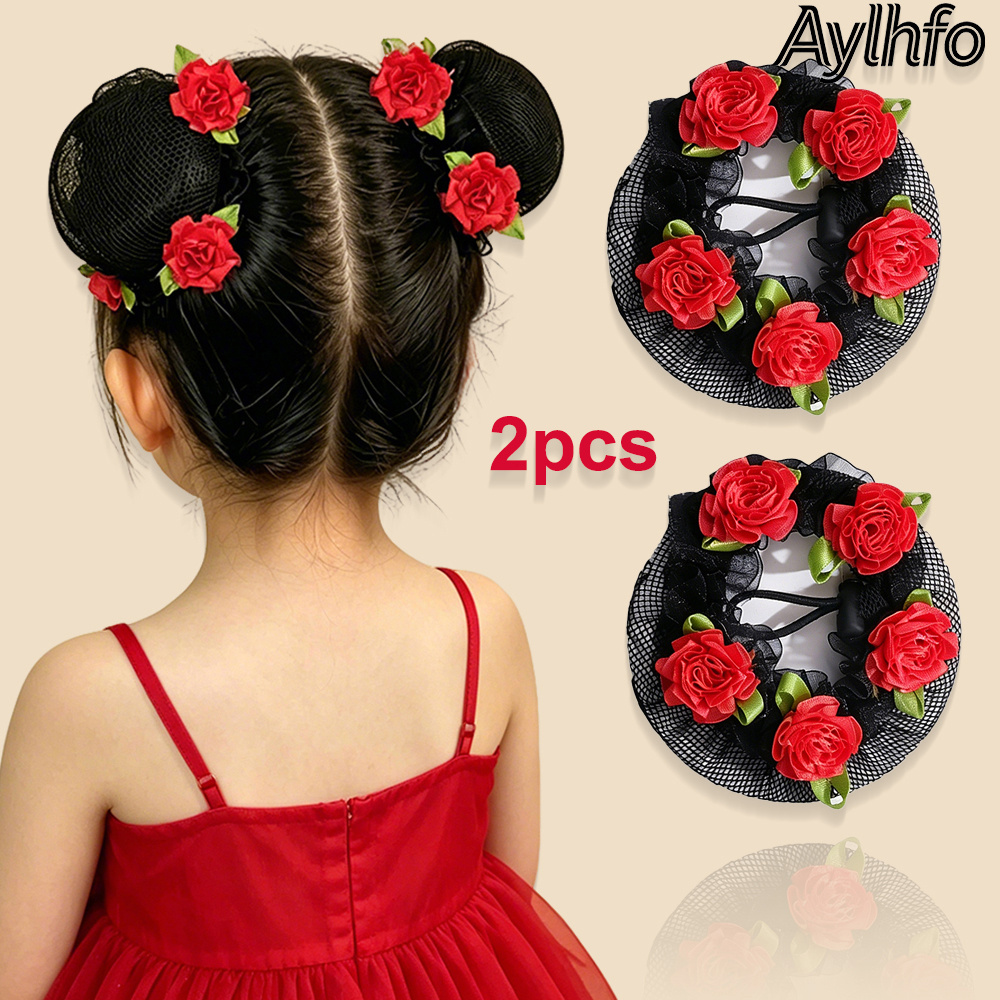 TEMU AYLHFO 2 piezas de nueva red para el pelo de tela con flor de colorida para niños, coletero práctico con cordón para moño de capullo para niñas,