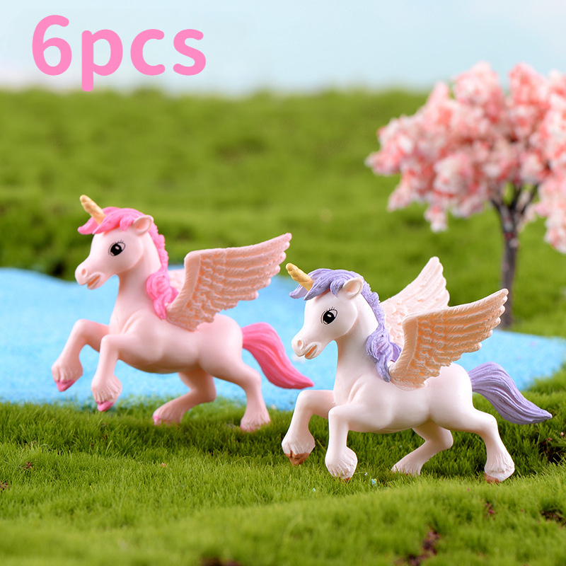 

6pcs Wings Plastic Unicorn Figurines, Assorted Cute Decorations For Cake Baking, Party Supplies, Birthday Celebrations, Tabletop Ornaments - No Electricity Needed