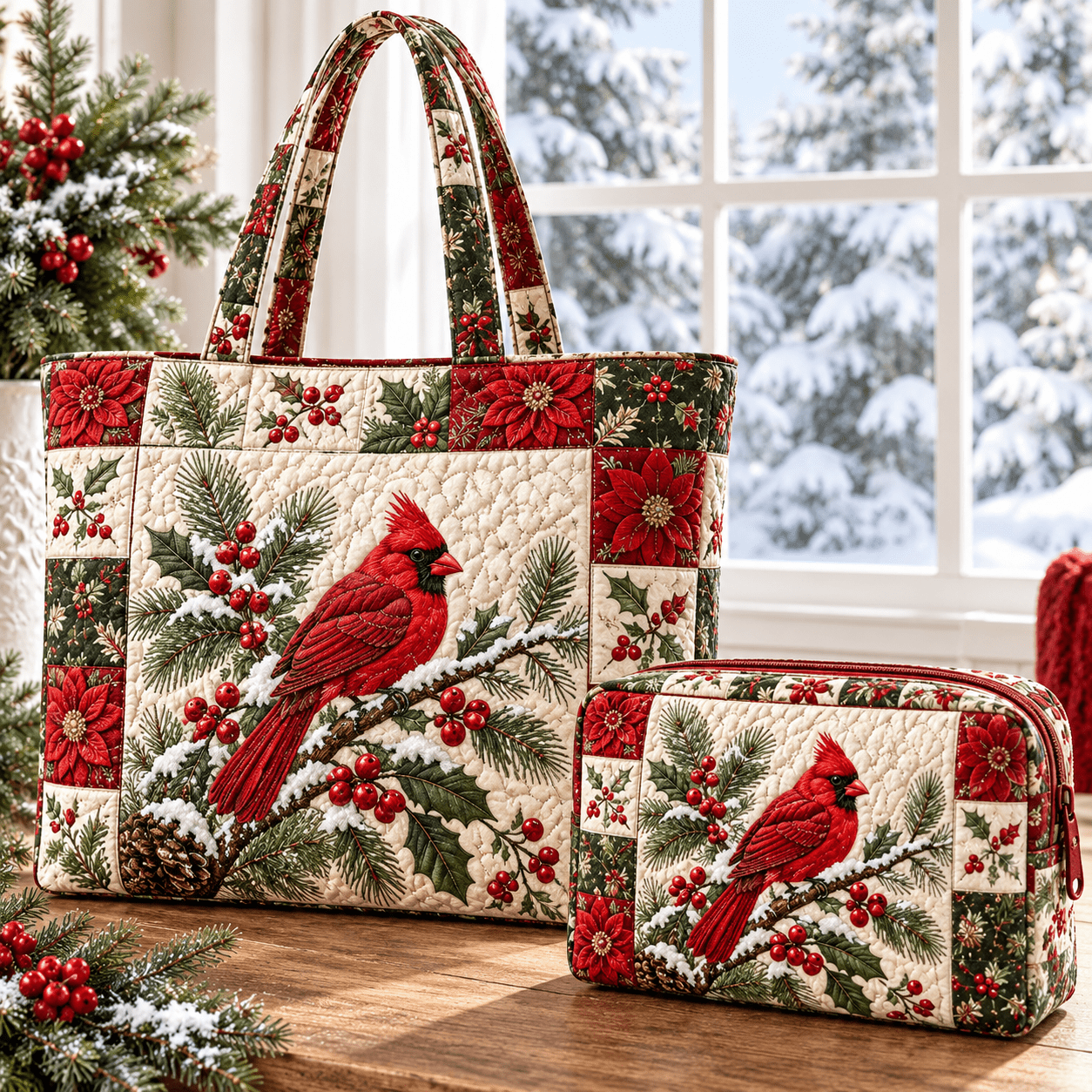 TEMU 2pcs Women's Christmas Bird & Holly Quilted Tote Bag With Matching Pouch - Red/green Zipper Closure Handbag, Spacious Shoulder Bag Suitable For