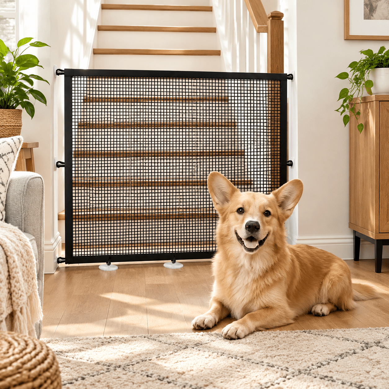 TEMU 1 Set Pet Door Barrier, Suitable For Cats And Dogs - Pe Net And Transparent Hooks, Adjustable Portable Design, Indoor/outdoor Use, Space-saving