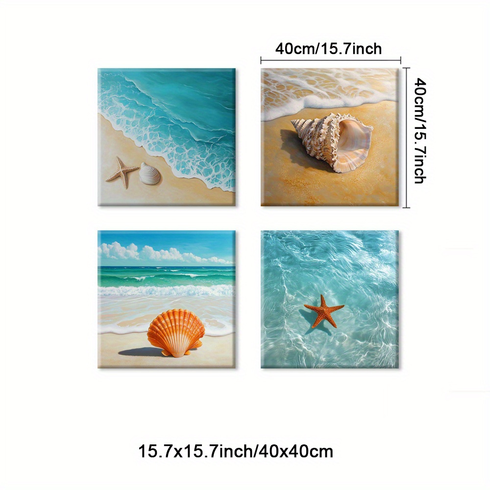 TEMU 4pcs Framed Beach Poster, Tropical Wall Art, Seashell Art Prints, Waves Canvas Print, Starfish Paintings, Ocean Poster, Paintings, Decorative