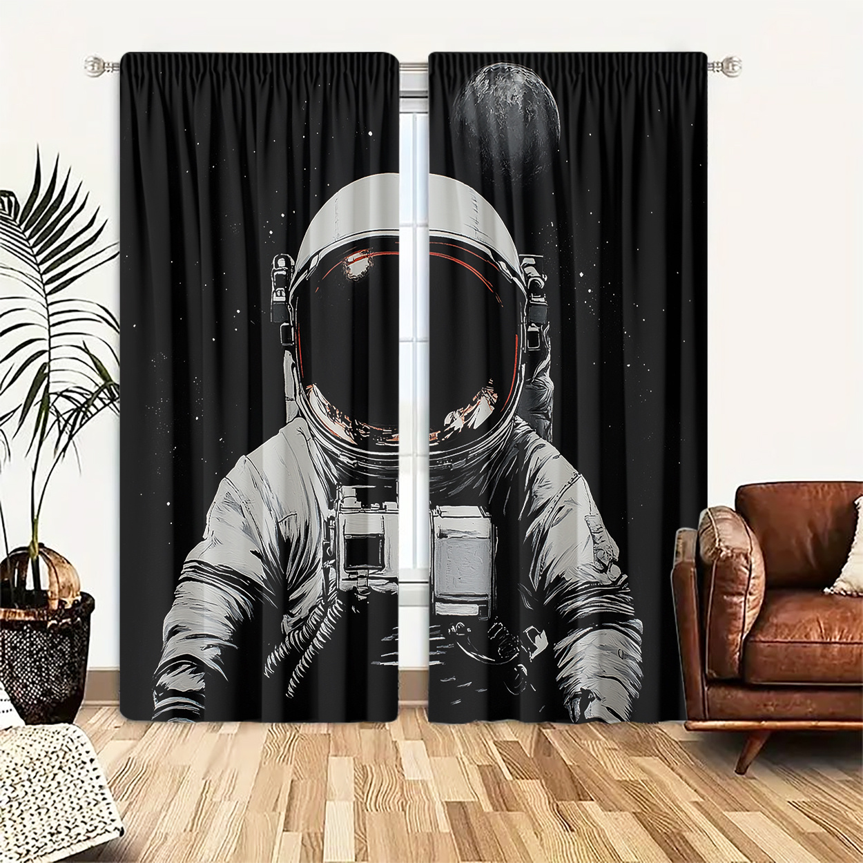 

2pcs, Polyester Material, Hd Digital Printing Astronaut Pattern, Light Filtering Curtain, Suitable For Bedroom, Living Room, Office And Home Decoration, Pole , Suitable For Pole Insertion