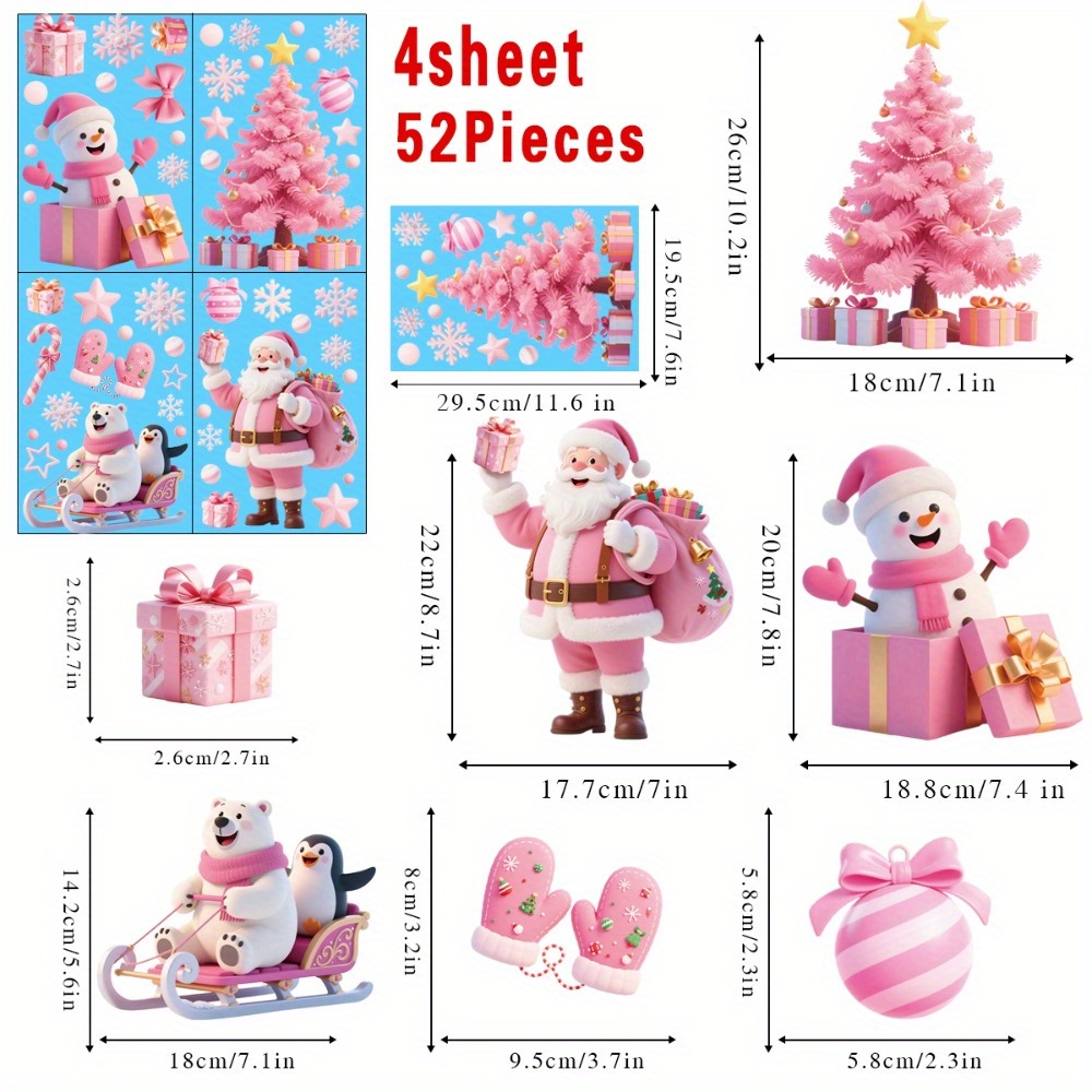 Image of Set Of 52 New Christmas Window Decals Featuring Pink Snowflakes, Santa Claus, And Christmas Trees, Perfect For Festive Party Decor, Made From Reusable Pvc Material, A To Your Holiday Decorations