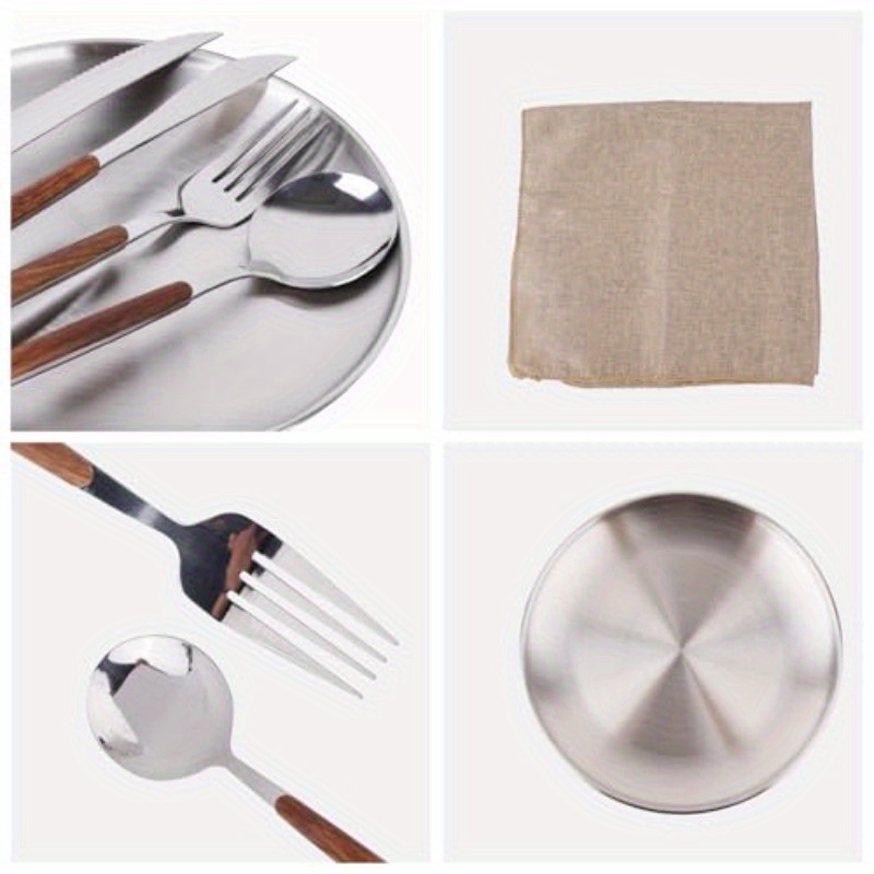 new wood grain handle tableware mess kit cutlery for 2 dinnerware set 12pcs stainless steel utensils set with plate spoon fork serrated knife cloth napkins for 2backpacking outdoor hiking picnic Product details 3