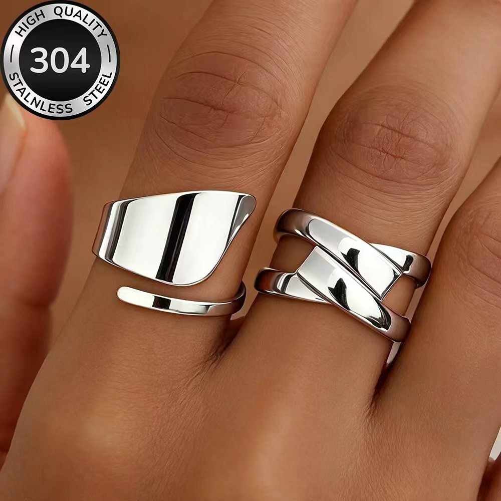 TEMU 2pcs Ring Set, High-quality Hypoallergenic Stainless Steel Golden Stackable Open Rings, Kc, Fade-resistant, Simple And Elegant, Fashionable
