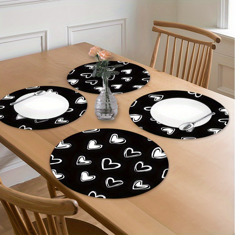 TEMU 4pcs Chic Heart Pattern Placemats, Non-slip Heat Resistant Polyester Placemats, Machine Washable, Suitable For Dining, Kitchen, Home Decor,