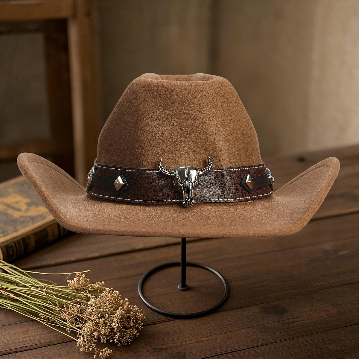 Vintage Western Cowboy Hat Studded Band Rodeo Style Handmade Black Leather Cowboy studded Hat: Western Ranch  main image 4