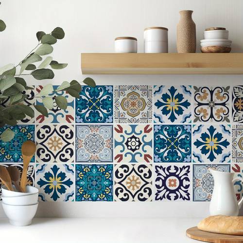 30pcs moroccan mediterranean self waterproof wall tiles oil peel stick removable vinyl decals floral mosaic patterns for kitchen bathroom backsplash 4x4 inch decor