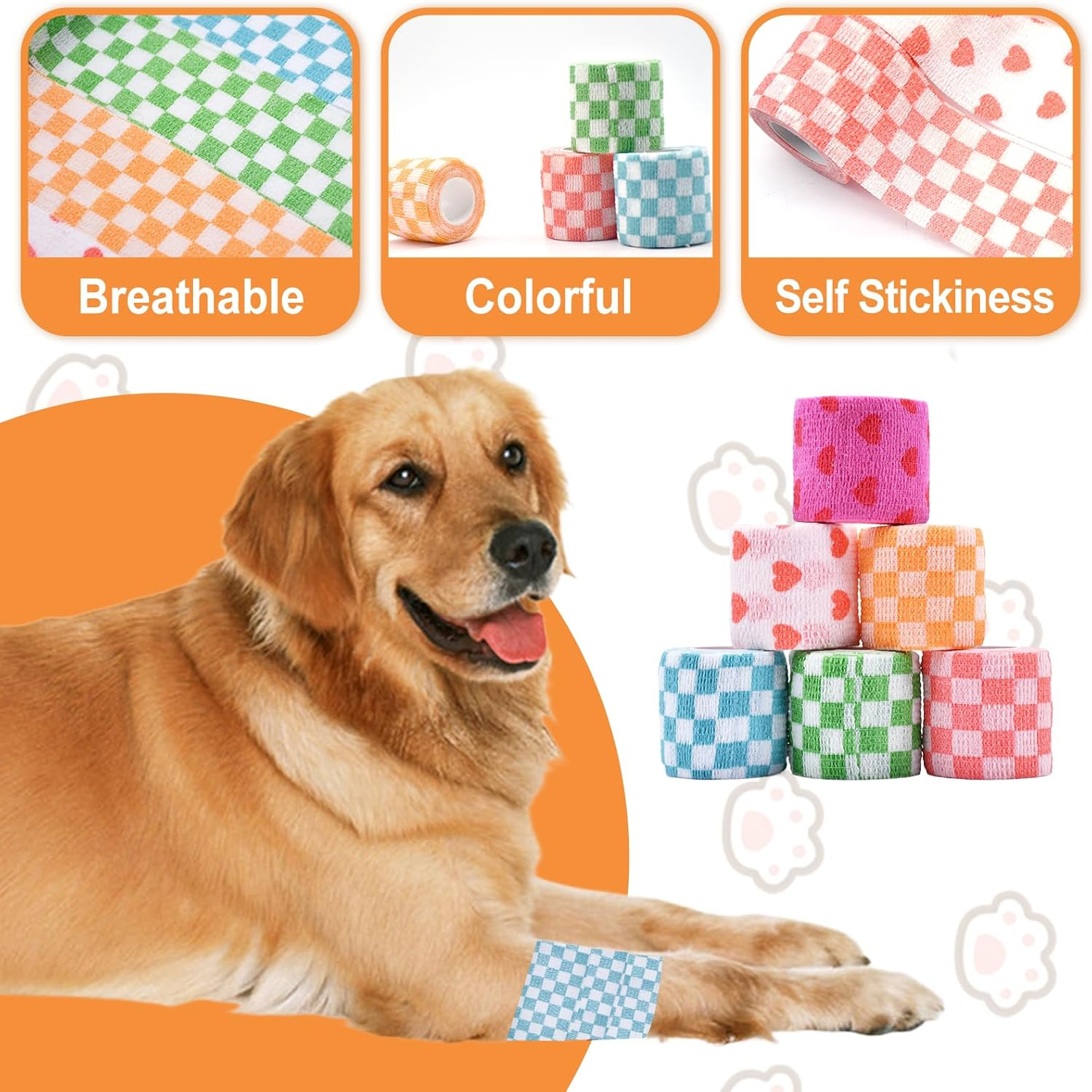 Image of A Set Of 6 Rolls Of Colorful Self-adhesive Tape Featuring Designs Like , Hearts, And Grids, Ideal For Pets And Humans, Including Dogs And Cats. Perfect For Athletes, Pets, And Festive Decorations