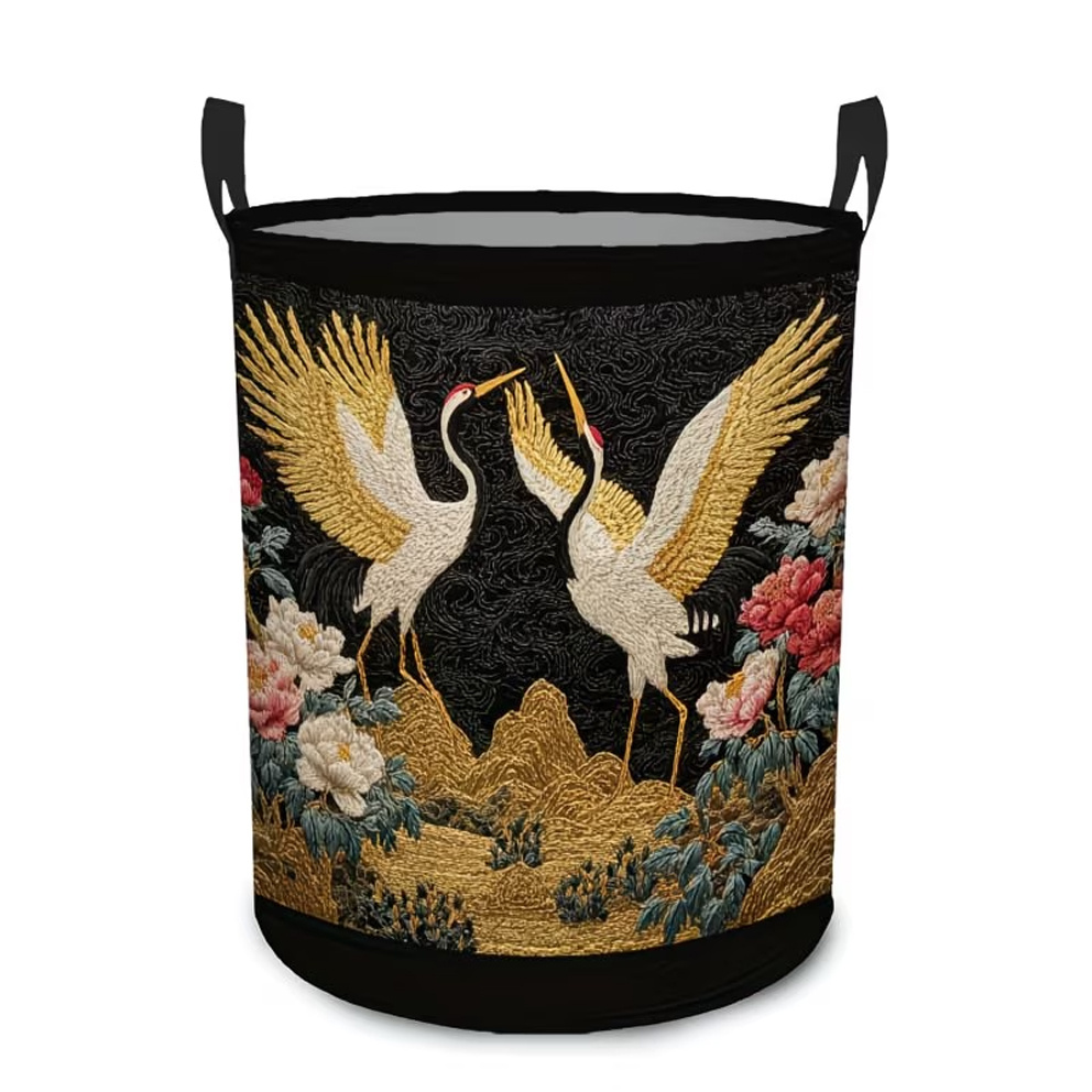 TEMU 1 Panier de Rangement Élégant à Motif Grue et Floral, Pliable avec Poignée Robuste, Grande Capacité, Convient , , de Bain - Rangement Décoratif