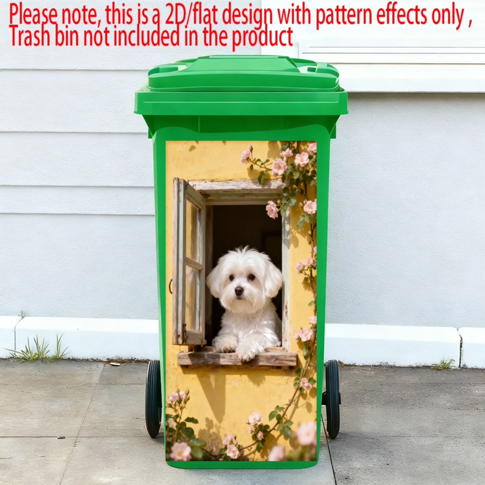1pc 2d Flat Window Bichon Frise Animal Trash Can Sticker Outdoors Waterproof Bin Stickers Self Adhesive Wallpaper Home Wall Art Kitchen Decoration, 2d Flat