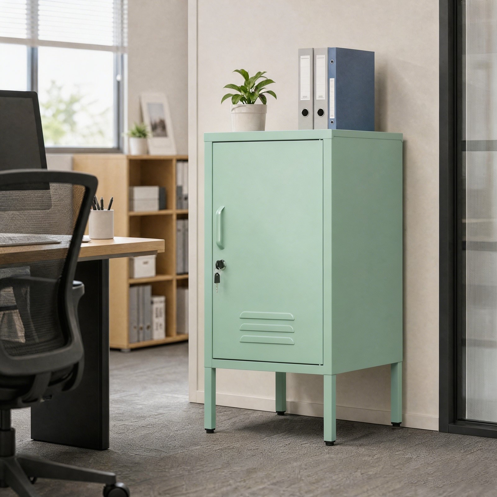 Metal Office Filing Cabinet, Lockable Storage Cabinet with 2 Adjustable Shelves for Documents, Modern Steel Side Table with Lock for Home Office, Bedroom Nightstand, Secure Ventilated Locker